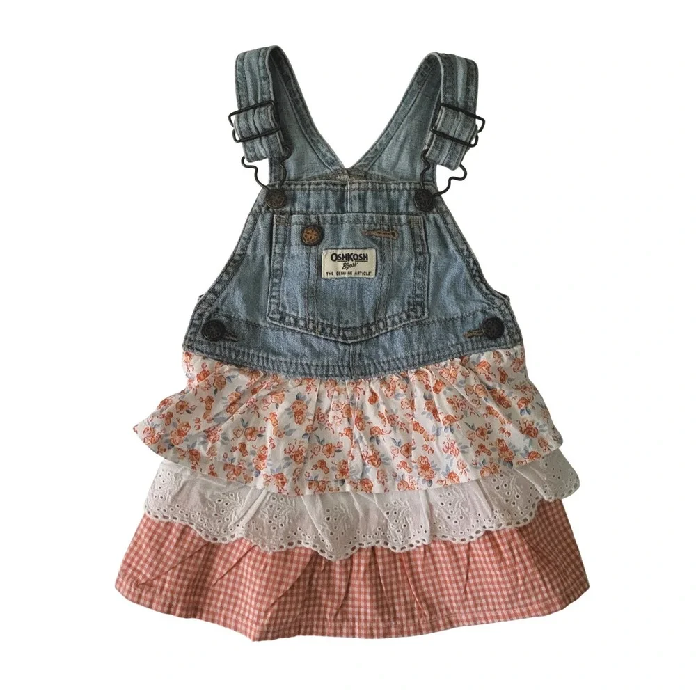 Oshkosh Girls 18M Overall Vestbak Dress Tiered Floral Eyelet Gingham‎ Denim Jean